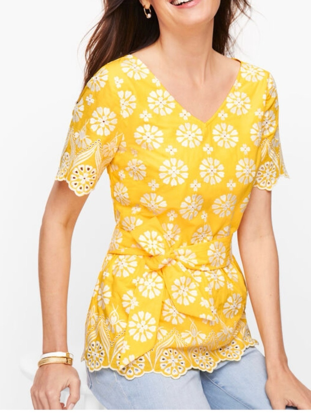 Talbots Yellow Embroidered EMBELLISHED BORDER
PEPLUM TOP V-Neck Tie-Waist Tunic